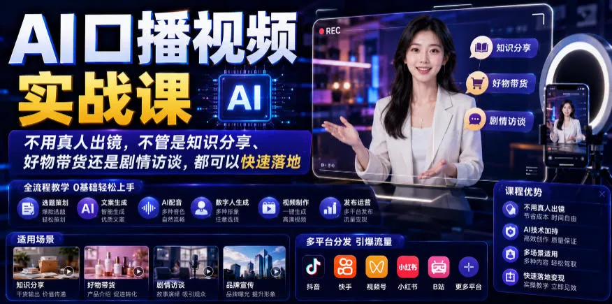 AI口播视频实战课，不用真人出镜，不管是知识分享、好物带货还是剧情访谈，都可以快速落地祝你网--专注互联网创业.信息差副业研究拒绝割韭菜祝你网
