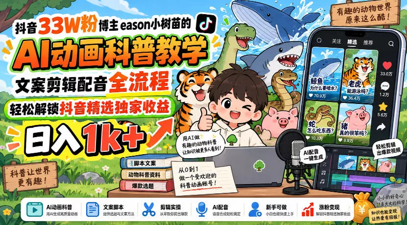 抖音33W粉博主eason小树苗的AI动画科普教学,文案剪辑配音全流程,轻松解锁抖音精选独家收益,日入1k+祝你网--专注互联网创业.信息差副业研究拒绝割韭菜祝你网