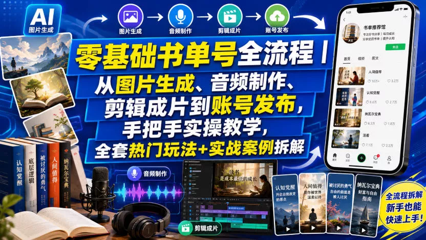 a723d98cde9bedfff4c08393f19e9182.webp 零基础书单号全流程|从图片生成、音频制作、剪辑成片到账号发布,手把手实操教学,全套热门玩法+实战案例拆解