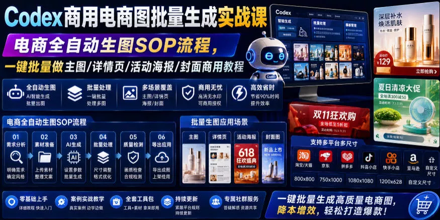 a72dd8a7e8b39aa20d8940a4b8e50d7a.webp Codex商用电商图批量生成实战课|电商全自动生图SOP流程,一键批量做主图/详情页/活动海报/封面商用教程