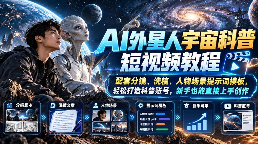 AI外星人宇宙科普短视频教程，配套分镜、洗稿、人物场景提示词模板，轻松打造科普账号，新手也能直接上手创作祝你网--专注互联网创业.信息差副业研究拒绝割韭菜祝你网