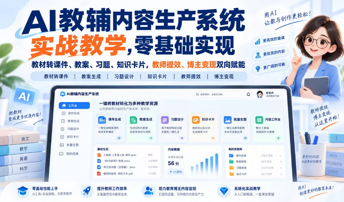 AI教辅内容生产系统实战教学，零基础实现教材转课件、教案、习题、知识卡片，教师提效、博主变现双向赋能祝你网--专注互联网创业.信息差副业研究拒绝割韭菜祝你网
