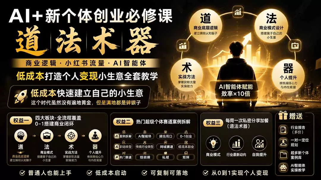 a7869d9dd916a7bb21de874c29ad6ffb.webp AI+新个体创业必修课-更新0922|道法术器|商业逻辑·小红书流量·AI智能体|低成本打造个人变现小生意全套教学