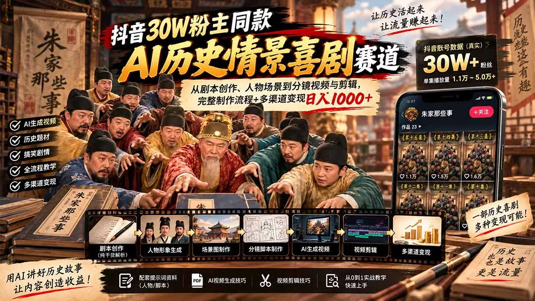 a7cdc4f3e98124d81c5fa3c237df8f17.webp 抖音30W粉博主同款AI历史情景喜剧赛道:从剧本创作、人物场景到分镜视频与剪辑,完整制作流程+多渠道变现日入1000+