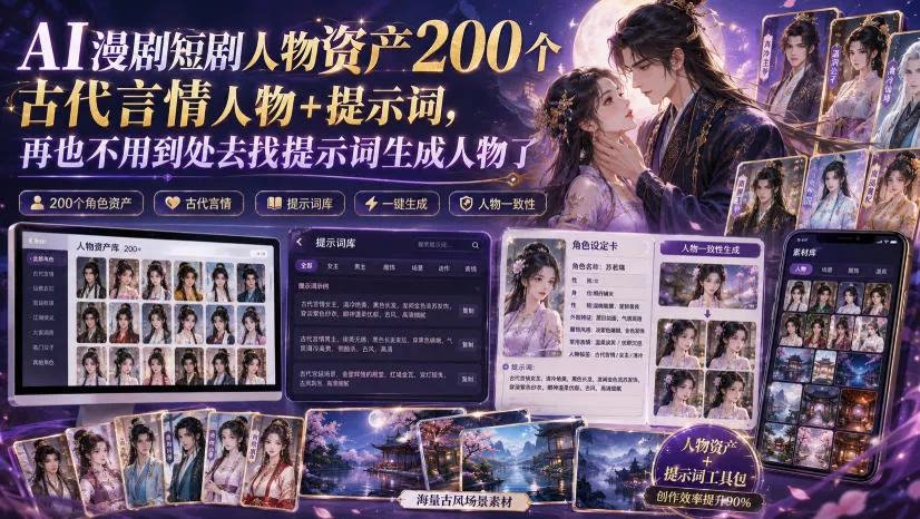 a83125f60600f83bc08f918f248cc2ad.webp AI漫剧短剧人物资产200个古代言情人物+提示词,再也不用到处去找提示词生成人物了
