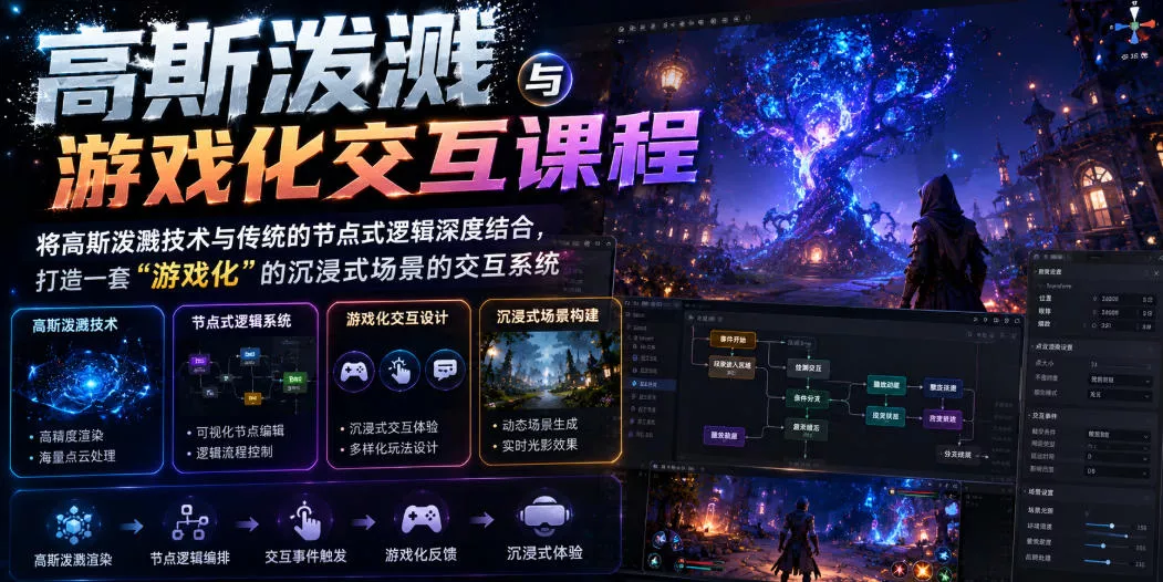 高斯泼溅与游戏化交互课程，将高斯泼溅技术与传统的节点式逻辑深度结合，打造一套“游戏化”的沉浸式场景的交互系统祝你网--专注互联网创业.信息差副业研究拒绝割韭菜祝你网