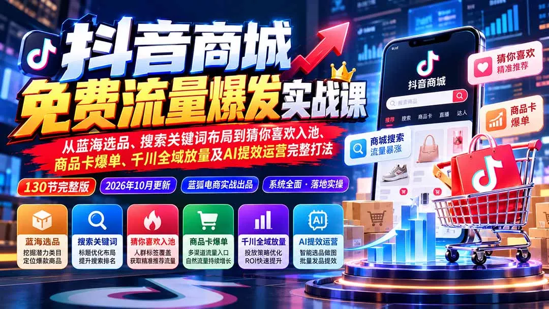 a87e267351118226e46f761f1ba5a1b8.webp 抖音商城免费流量爆发实战:从蓝海选品、搜索关键词布局到猜你喜欢入池、商品卡爆单、千川全域放量及AI提效完整打法