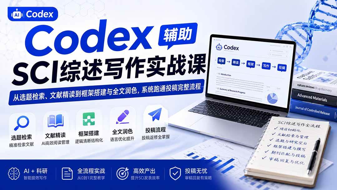 (19751期)Codex辅助SCI综述写作实战课——从选题检索、文献精读到框架搭建与全文润色,系统跑通投稿完整流程祝你网--专注互联网创业.信息差副业研究拒绝割韭菜祝你网