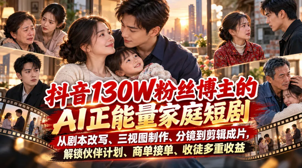 抖音130W粉丝博主的AI正能量家庭短剧,从剧本改写、三视图制作、分镜到剪辑成片,解锁伙伴计划、商单接单、收徒多重收益祝你网--专注互联网创业.信息差副业研究拒绝割韭菜祝你网