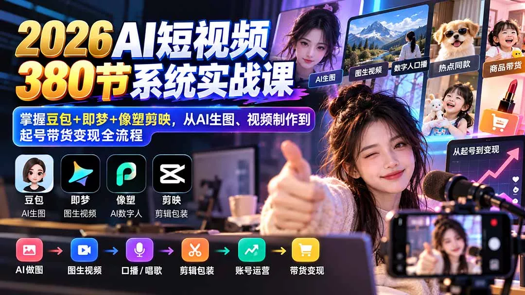a9fb4e8c7962effebf42991969bccde4.webp 【无水印】2026AI短视频380节系统实战课:掌握豆包+即梦+像塑剪映,从AI生图、视频制作到起号带货变现全流程