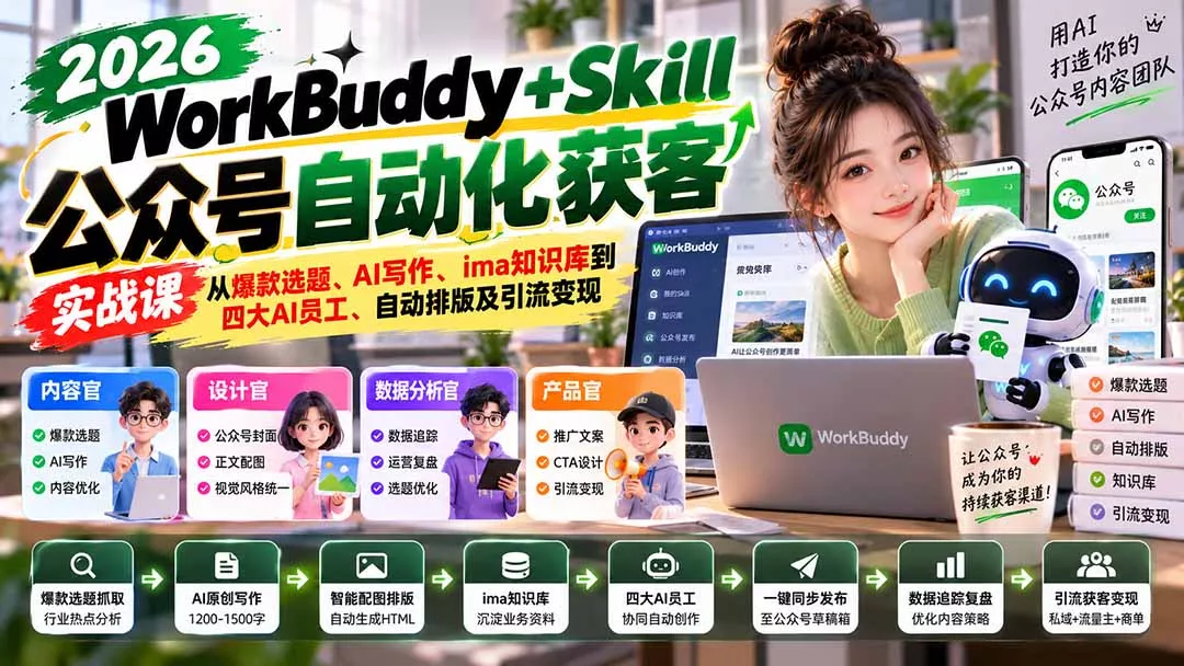 aa179200c38b7126169c441401118680.webp WorkBuddy + Skill公众号自动化获客实战课:从爆款选题、AI写作、ima知识库到四大AI员工、自动排版及引流变现