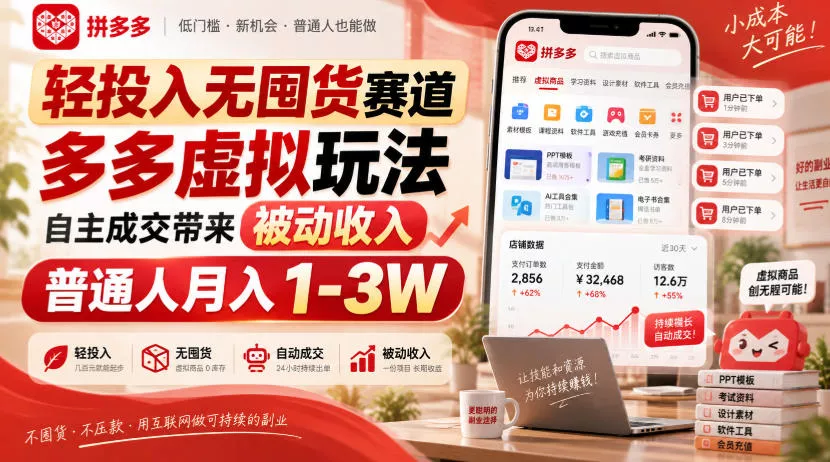 轻投入无囤货赛道,多多虚拟玩法自主成交带来被动收入,普通人月入1-3W祝你网--专注互联网创业.信息差副业研究拒绝割韭菜祝你网