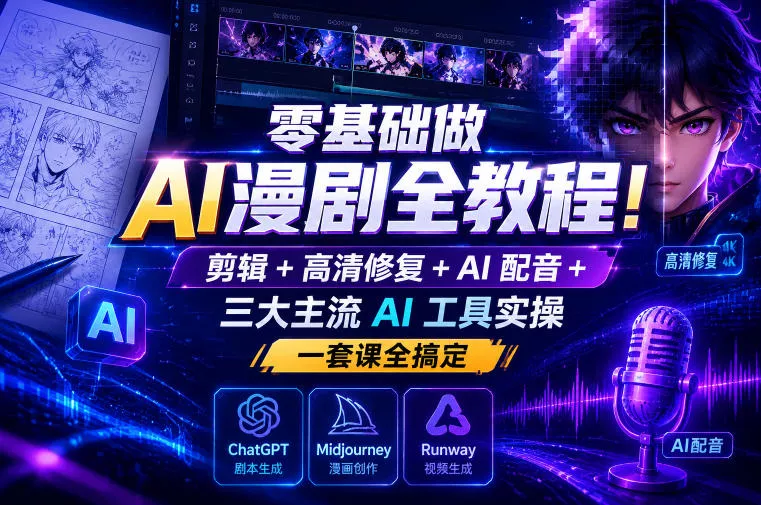 零基础做AI漫剧全教程!剪辑+高清修复+AI配音+三大主流AI工具实操,一套课全搞定祝你网--专注互联网创业.信息差副业研究拒绝割韭菜祝你网