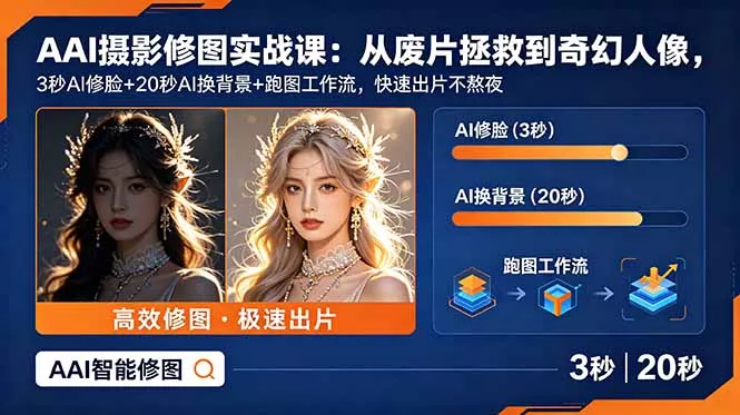 aaa4cafa29d53ad96625d9c11926fd35.webp AI摄影修图实战课:从废片拯救 到 奇幻人像,3秒AI修脸+20秒AI换背景+跑图工作流,快速出片不熬夜