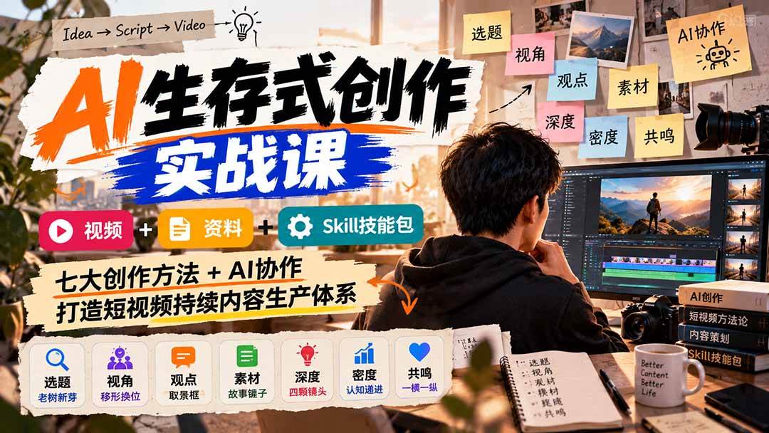 aaf009704fe8cf653526cc6a12be19fb.jpeg (21081期)AI生存式创作实战课:视频+资料+Skill技能包,七大创作方法+AI协作,打造短视频持续内容生产体系