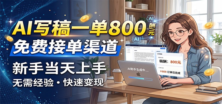 AI写稿一单800，免费接单渠道，一单一结几十到上千，新手当天上手祝你网--专注互联网创业.信息差副业研究拒绝割韭菜祝你网
