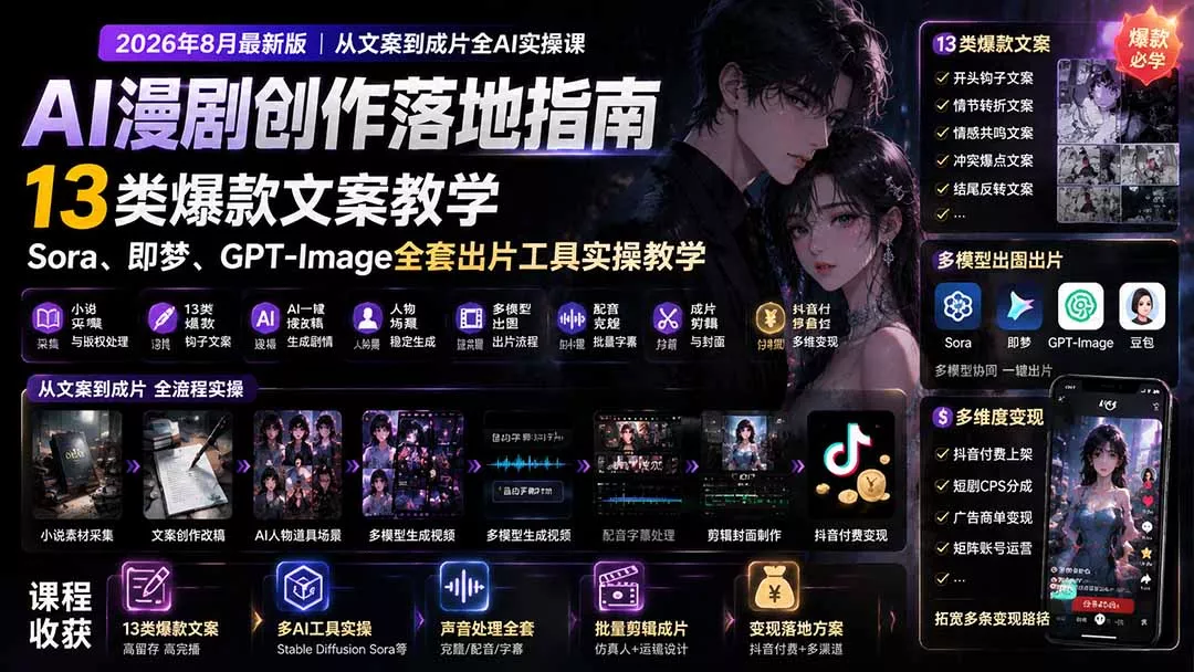 AI漫剧创作落地指南｜13类爆款文案教学，Sora、即梦、GPT-Image全套出片工具实操教学祝你网--专注互联网创业.信息差副业研究拒绝割韭菜祝你网