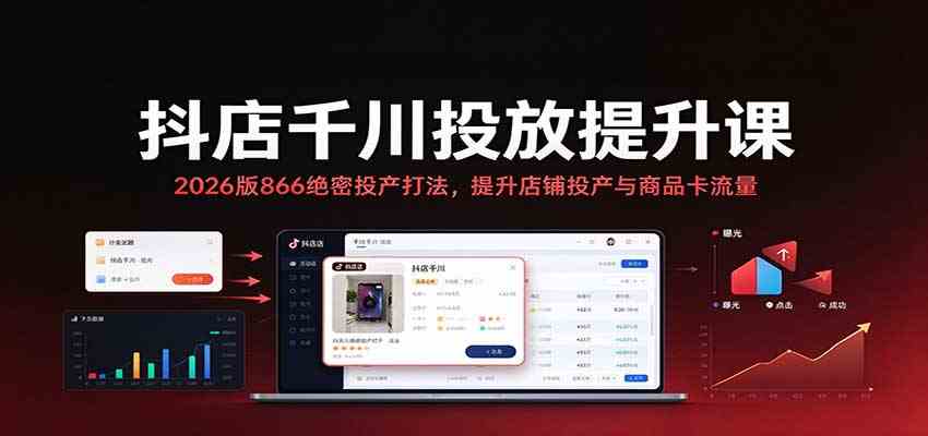 ab1eca90762fef83d8e6f8d41503ad37.jpeg 抖店千川投放提升课:2026版866绝密投产打法,提升店铺投产与商品卡流量