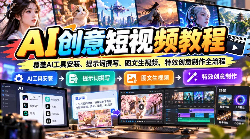 ab67ab001c25b6f53c692a9449f094fa.webp AI创意短视频教程,覆盖AI工具安装、提示词撰写、图文生视频、特效创意制作全流程