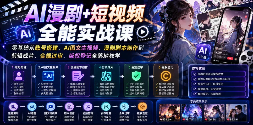AI漫剧+短视频全能实战课｜零基础从账号搭建、AI图文生视频、漫剧剧本创作到剪辑成片、合规过审、版权登记全落地教学祝你网--专注互联网创业.信息差副业研究拒绝割韭菜祝你网