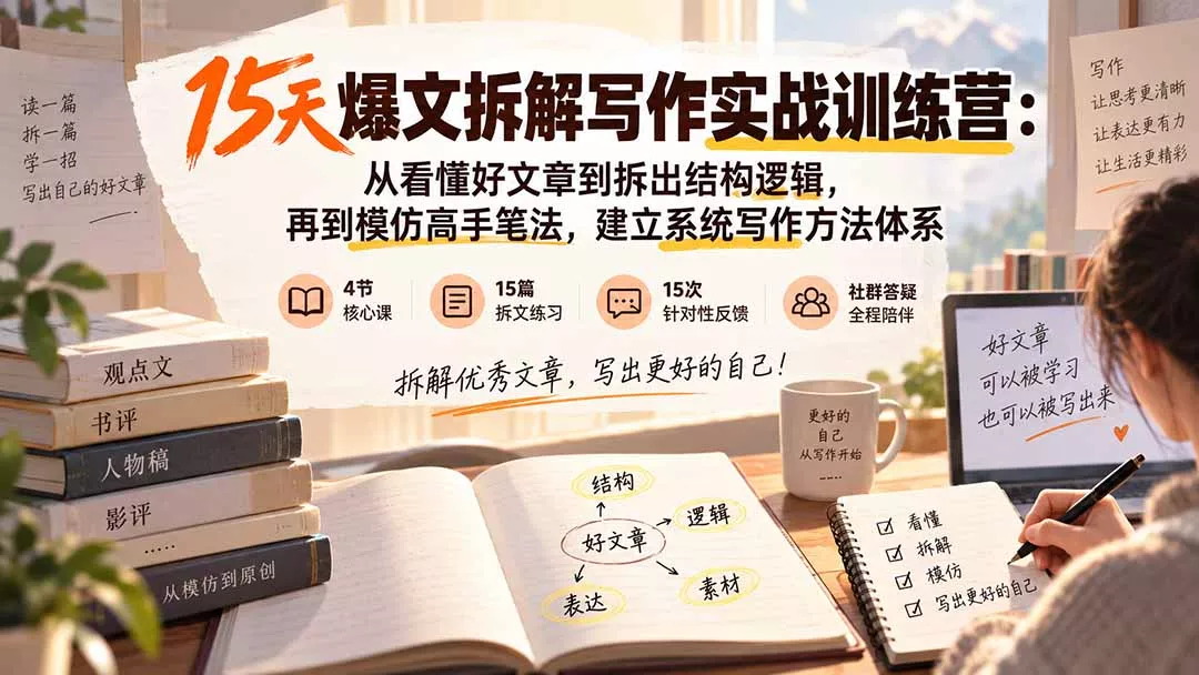 15天爆文拆解写作实战训练营：从看懂好文章到拆出结构逻辑，再到模仿高手笔法，建立系统写作方法体系祝你网--专注互联网创业.信息差副业研究拒绝割韭菜祝你网