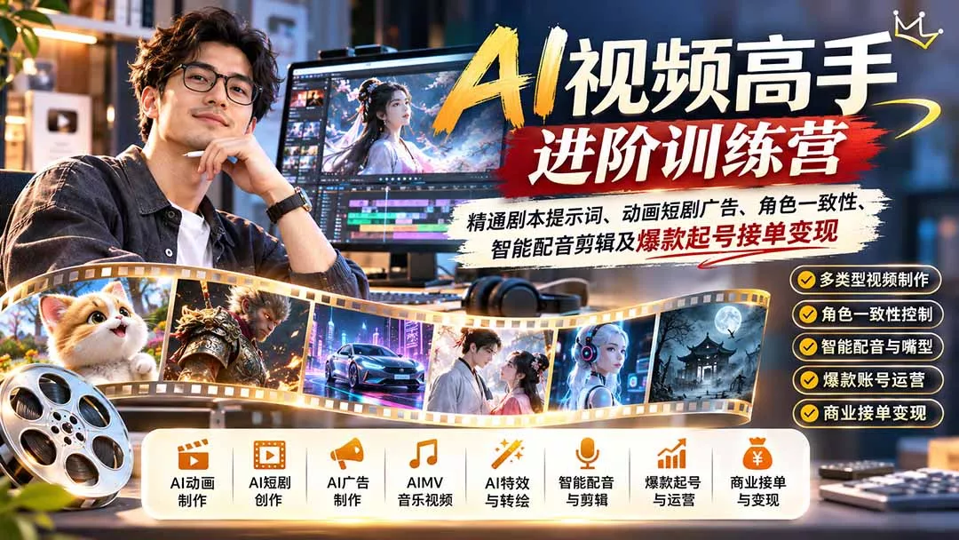 abaac360c5207d4534d94da3fff2e8ea.webp AI视频高手进阶训练营:精通剧本提示词、动画短剧广告、角色一致性、智能配音剪辑及爆款起号接单变现