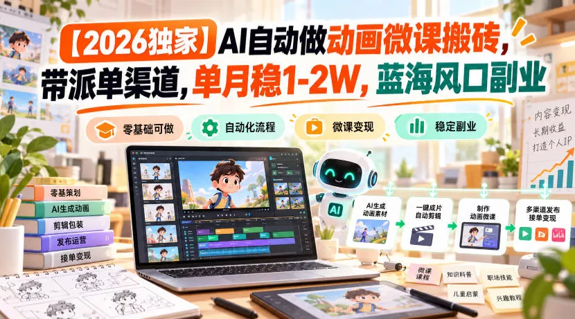 【2026独家】AI自动做动画微课搬砖,带派单渠道,单月稳1-2W,蓝海风口副业【揭秘】祝你网--专注互联网创业.信息差副业研究拒绝割韭菜祝你网