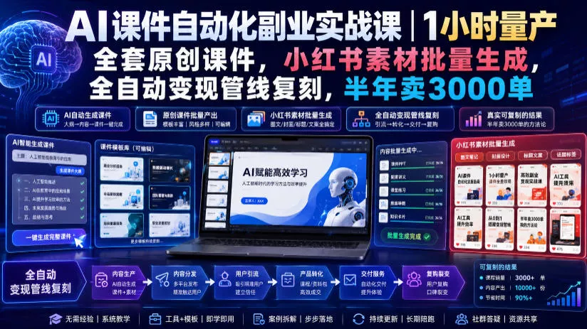 ac8bc3ffda6bf9f745d665edb105a123.webp AI课件自动化副业实战课|1小时量产全套原创课件,小红书素材批量生成,全自动变现管线复刻,半年卖3000单