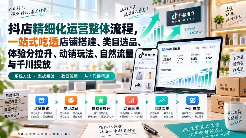李哥电商-抖店精细化运营整体流程,一站式吃透店铺搭建、类目选品、体验分拉升、动销玩法、自然流量与千川投放祝你网--专注互联网创业.信息差副业研究拒绝割韭菜祝你网