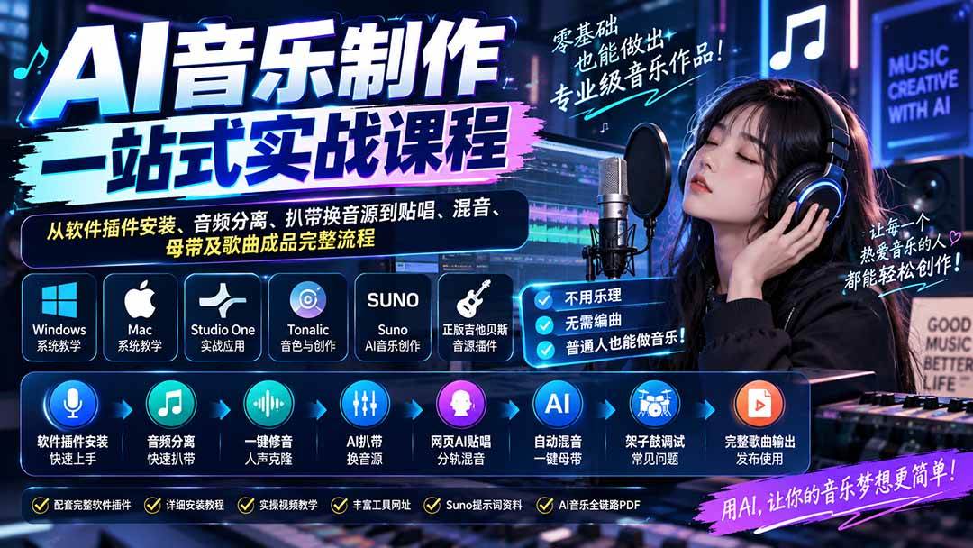 (20490期)AI音乐制作一站式实战课程:从软件插件安装、音频分离、扒带换音源到贴唱、混音、母带及歌曲成品完整流程祝你网--专注互联网创业.信息差副业研究拒绝割韭菜祝你网