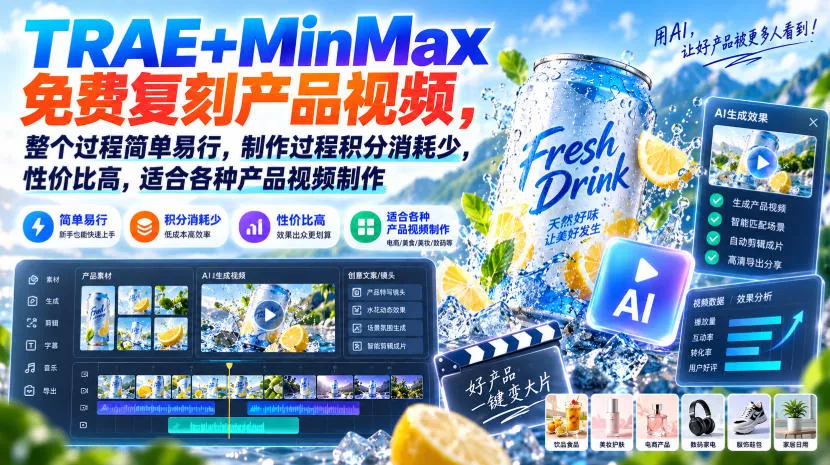 adb703a3b3ba205564ffed8ccbfb68d2.webp TRAE+MinMax免费复刻产品视频,整个过程简单易行,制作过程积分消耗少,性价比高,适合各种产品视频制作