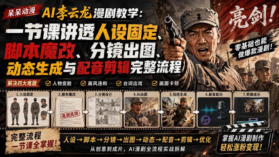 ae1466c486d02320bd8758ee1261b194.jpeg (20107期)呆呆动漫AI李云龙漫剧教学:一节课讲透人设固定、脚本魔改、分镜出图、动态生成与配音剪辑完整流程
