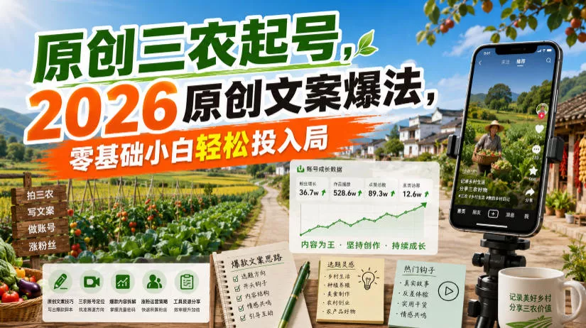 原创三农起号,2026原创文案爆法,零基础小白轻松投入局祝你网--专注互联网创业.信息差副业研究拒绝割韭菜祝你网