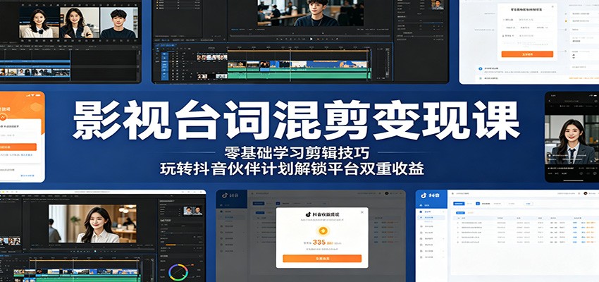 影视台词混剪变现课：零基础学习剪辑技巧，玩转抖音伙伴计划解锁平台双重收益祝你网--专注互联网创业.信息差副业研究拒绝割韭菜祝你网