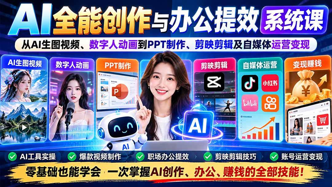 af0d9195c57efedb36c6a80d5c12afe4.jpeg (20885期)AI全能创作与办公提效系统课:从AI生图视频、数字人动画到PPT制作、剪映剪辑及自媒体运营变现