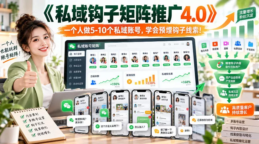 af3b736e5665eae8dfce57ccfeb2442e.webp 【无水印】《私域钩子矩阵推广4.0》一个人做5-10个私域账号,学会预埋钩子线索!