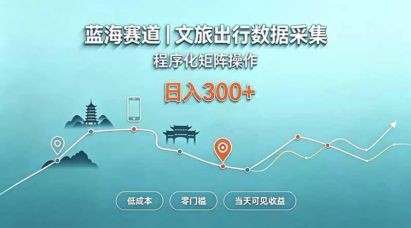 蓝海赛道 文旅出行数据采集 程序化矩阵操作 低成本 零门槛 当天可见收益 日入300+祝你网--专注互联网创业.信息差副业研究拒绝割韭菜祝你网
