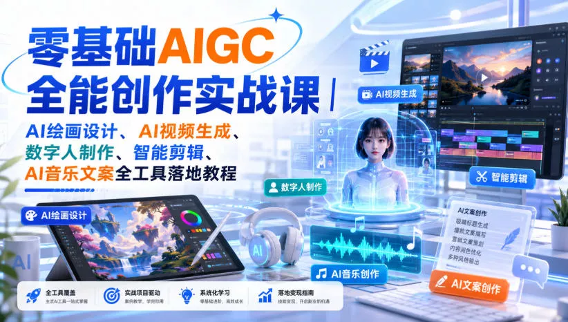 af7d45cd18c9abb430cc26c5615ac56c.webp 零基础AIGC全能创作实战课|AI绘画设计、AI视频生成、数字人制作、智能剪辑、AI音乐文案全工具落地教程