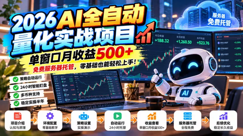 2026AI全自动量化实战项目，单窗口月收益500+，免费服务器托管，零基础也能轻松上手！【揭秘】祝你网--专注互联网创业.信息差副业研究拒绝割韭菜祝你网