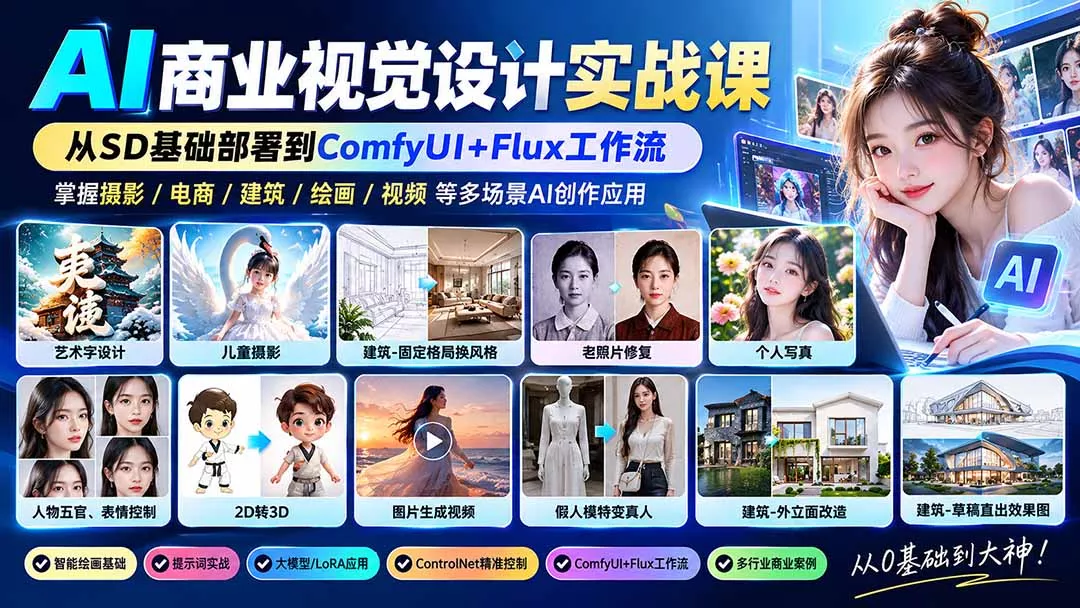 b012553b46e81c1fe00f784780c90390.webp 【无水印】AI商业视觉设计实战课:从SD基础部署到ComfyUI+Flux工作流,掌握摄影电商建筑AI创作