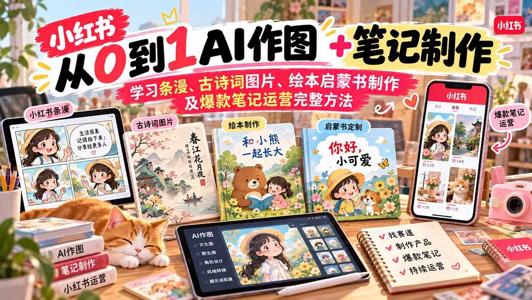b01792f3acd82ce71bcde433fb00f426.webp 2026小红书AI内容创作从0到1:学习条漫、古诗词图片、绘本启蒙书制作及爆款笔记运营完整方法