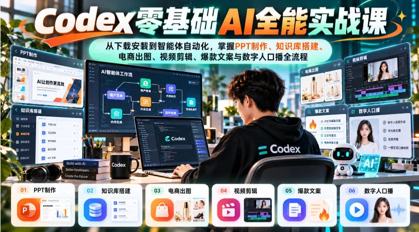 b05157d3c74ee5f6486126e8582b2092.webp Codex零基础AI全能实战课:从下载安装到智能体自动化,掌握知识库搭建、电商出图、视频剪辑、爆款文案与数字人口播全流程