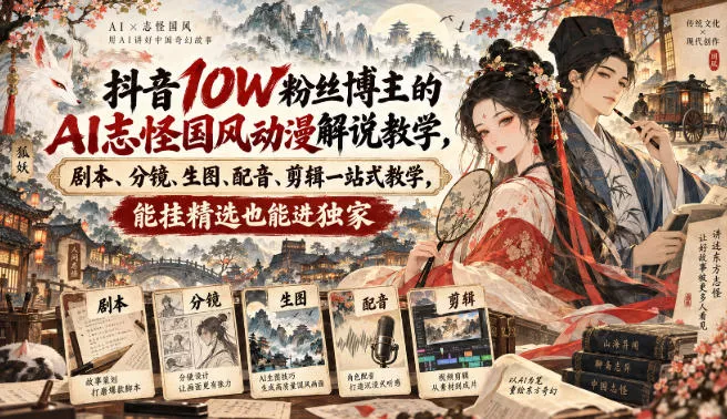 b08f1a0449a74dad1c99d0992d763645.webp 抖音10W粉丝博主满堂诡事的AI志怪国风动漫解说教学,剧本、分镜、生图、配音、剪辑一站式教学,能挂精选也能进独家