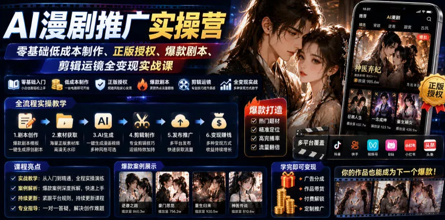 b0e7cb308069adff427182fdfa477abf.webp AI漫剧推广实操营|零基础低成本制作、正版授权、爆款剧本、剪辑运镜全变现实战课