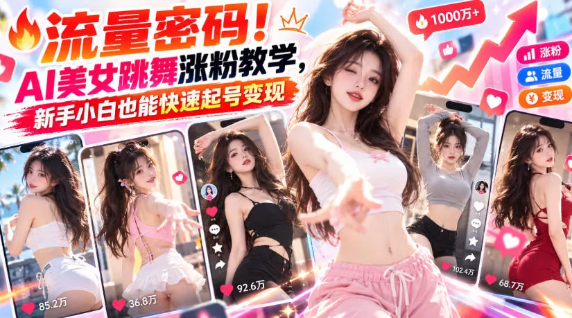 流量密码！AI美女跳舞涨粉教学，新手小白也能快速起号变现祝你网--专注互联网创业.信息差副业研究拒绝割韭菜祝你网