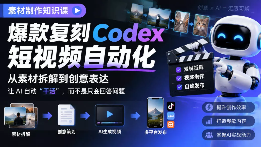 b0f319a2e36dff012a7ae7be10b2bb07.webp 素材制作知识课,爆款复刻Codex短视频自动化,从素材拆解到创意表达,让AI自动“干活”,而不是只会回答问题