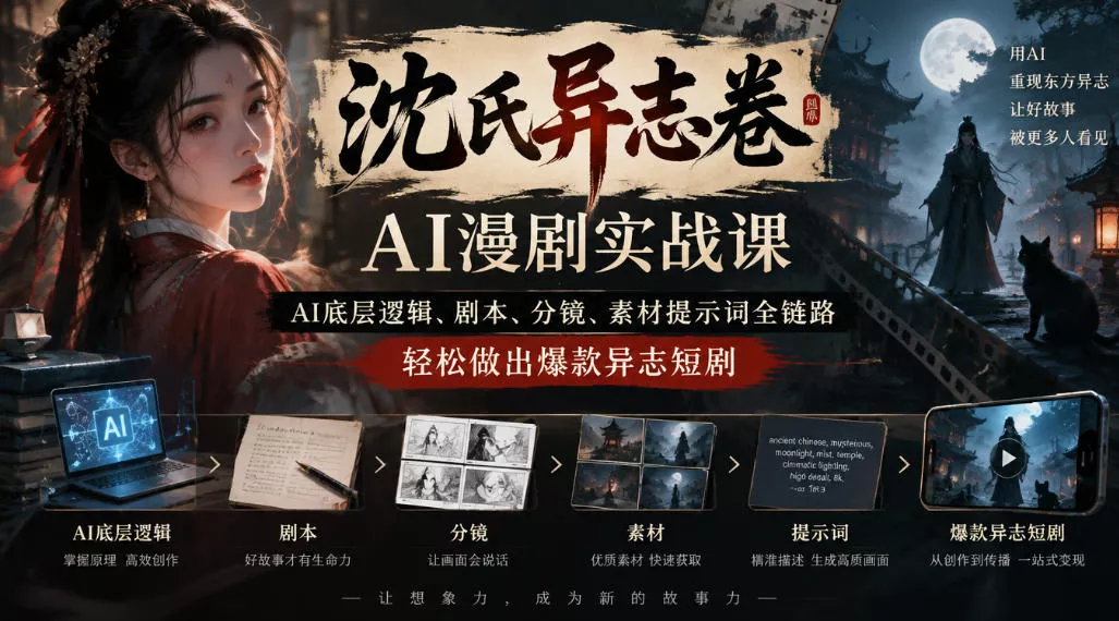 b16ab6a48c305e30b06faea9ade15497.webp 沈氏异志卷AI漫剧实战课|AI底层逻辑、剧本、分镜、素材提示词全链路,轻松做出爆款异志短剧