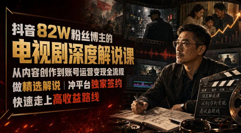 抖音82W粉丝博主的电视剧深度解说课,从内容创作到账号运营变现全流程,做精选解说,冲平台独家签约,快速走上高收益路线祝你网--专注互联网创业.信息差副业研究拒绝割韭菜祝你网