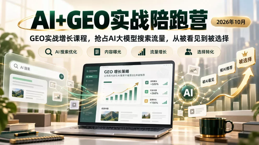 AI+GEO实战陪跑营2026年10月,GEO实战增长课程,抢占AI大模型搜索流量,从被看见到被选择祝你网--专注互联网创业.信息差副业研究拒绝割韭菜祝你网