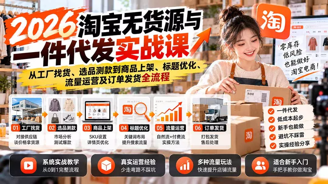 2026淘宝无货源与一件代发实战课：从工厂找货、选品测款到商品上架、标题优化、流量运营及订单发货全流程祝你网--专注互联网创业.信息差副业研究拒绝割韭菜祝你网